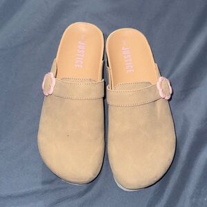 Justice Tan Mules with Pink Accent